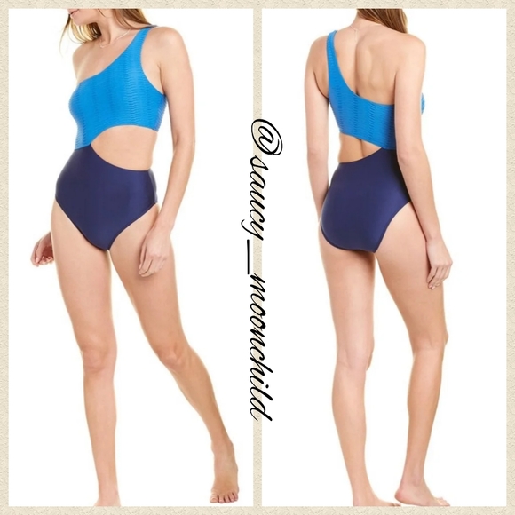NWT SplendidTextured Open One Piece Medium Blue Cut Out Swim Suit